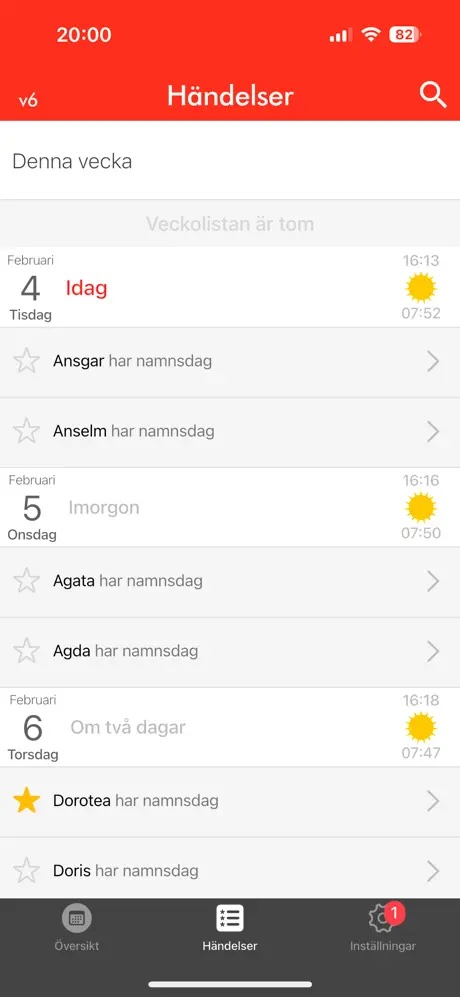 Namnsdagar, skärmbild